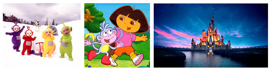 Conclure que la télévision est nécessairement mauvaise est une erreur, puisque certaines émissions sont associées à un vocabulaire plus important. Illustration : à gauche des Teletubbies par The Lowry sur Flickr (Copyright BBC), au centre de Dora l’exploratrice par Eric Havir de Flickr, et à droite de Disney par Miweebo de PxHere.  