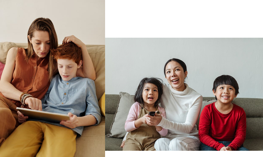 Regarder la télévision avec un enfant et parler du contenu avec lui peut nuancer les résultats alarmants souvent véhiculés sur les réseaux sociaux et dans d'autres médias, c'est « l’attention conjointe ». Photos de Julia M Cameron (à gauche) et Ketut Subiyanto (à droite) provenant de Pexels (à droite)